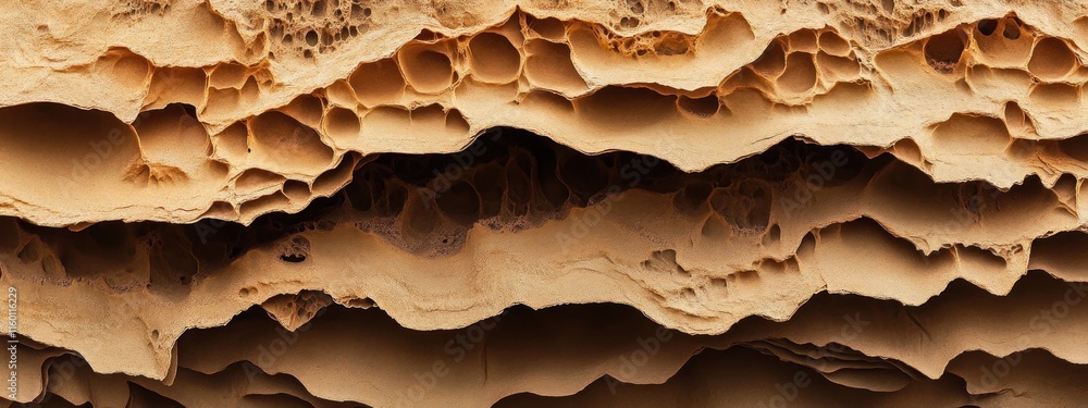 Poster Textured layered rock formation with honeycomb-like holes and patterns.