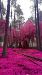A surreal forest scene with vibrant pink foliage and lush undergrowth, surrounded by tall trees, creating a dreamlike atmosphere.