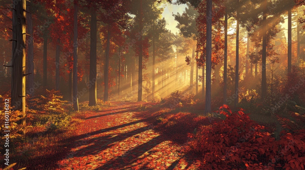 Poster Sunbeams illuminate a path through a misty autumn forest with red foliage.