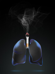 Black human lungs, cigarettes and smoke composited into 3D image on black background, showing the dangers of cigarettes. Used in medicine, advertising, commerce, science and industry.