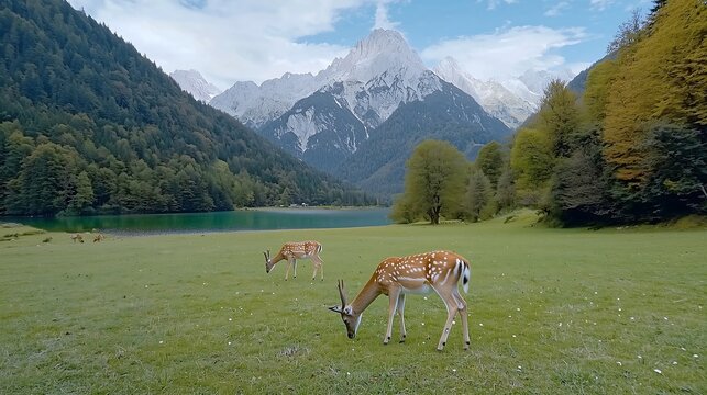 Serene deer grazing in alpine meadow mountain landscape nature photography daytime view