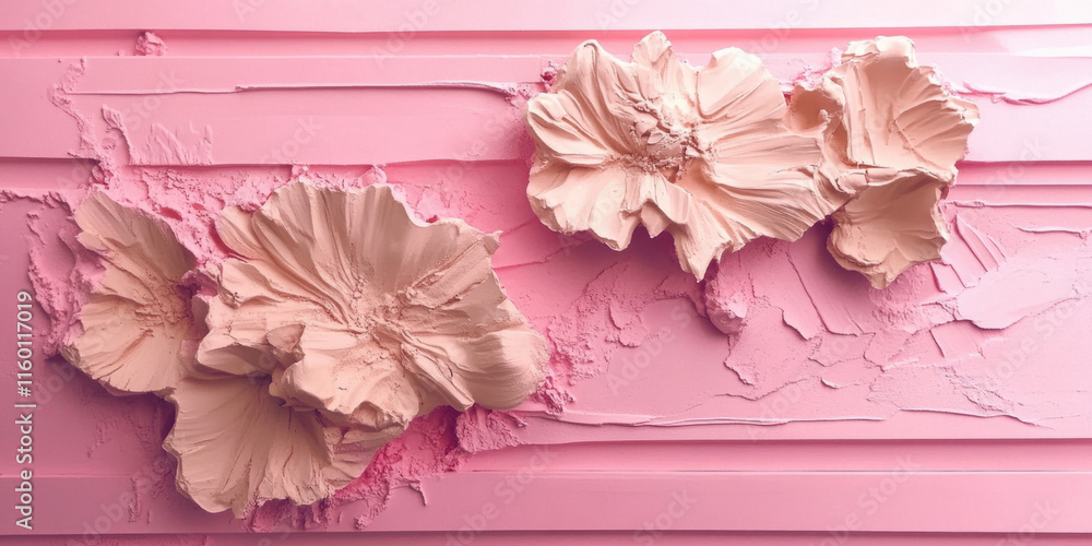 Poster this image features textured pink paint with three-dimensional flower motifs, creating an elegant an