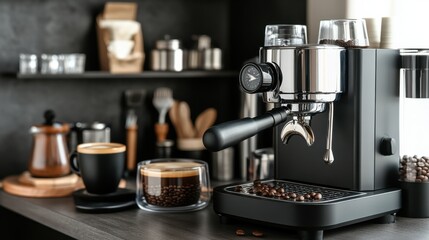 An inviting home barista corner, Espresso machine, coffee beans