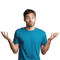 A young man in a blue T-shirt shrugs his shoulders and looks confused against a gray background, with space for text or design.