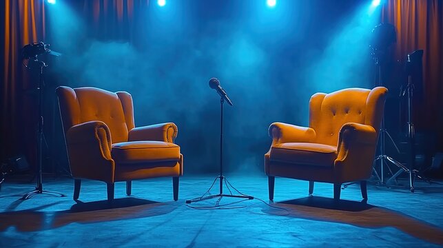 Two yellow armchairs on the stage with a microphone and stand, blue lights, a realistic photo shoot.