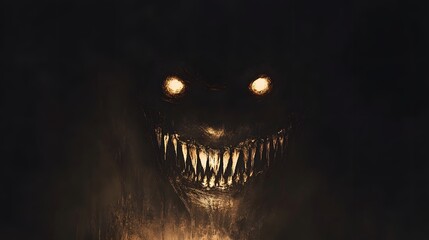 Glowing eyes and sharp teeth characterize a terrifying dark creatures face.