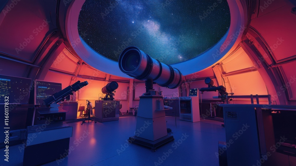 Poster an organized astronomy observatory with telescopes and star charts, observatory equipment set up for