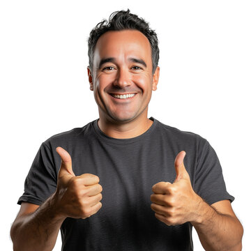 A man in a grey t-shirt, smiling and giving two thumbs up, isolated on a transparent background, with soft shadows and natural lighting.