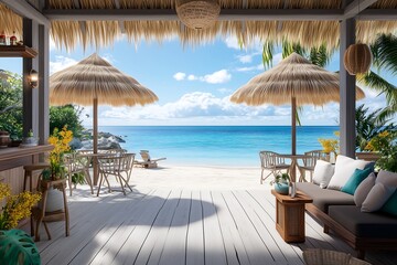 Relaxing beachfront retreat tropical paradise digital art serene atmosphere open view tranquility