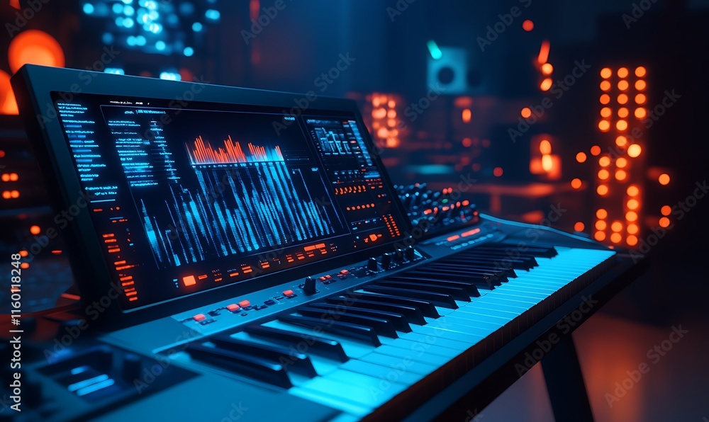 Aufkleber a modern music workstation featuring a keyboard and audio visualizer.