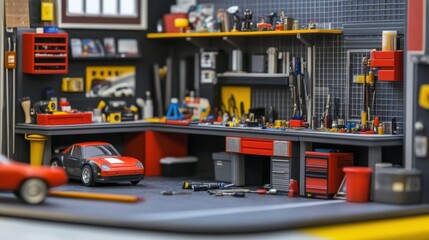 Fototapeta premium An organized garage model car building station, Kits, tools
