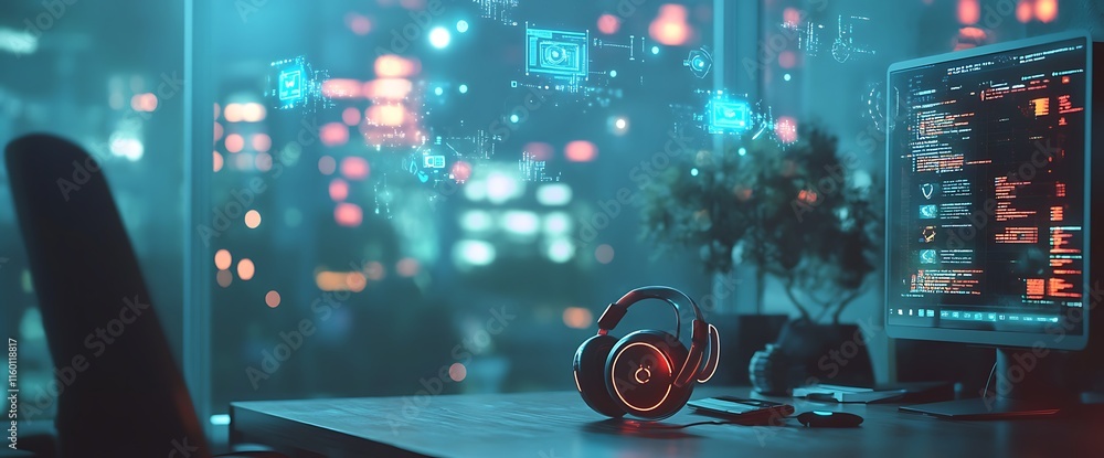 Poster a modern workspace featuring headphones and a computer with digital elements.