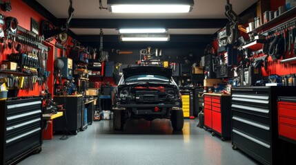 Obraz premium An organized home automotive garage with car tools and repair equipment, Tool chests, car parts