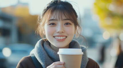 Smiling woman holding a paper cup of coffee