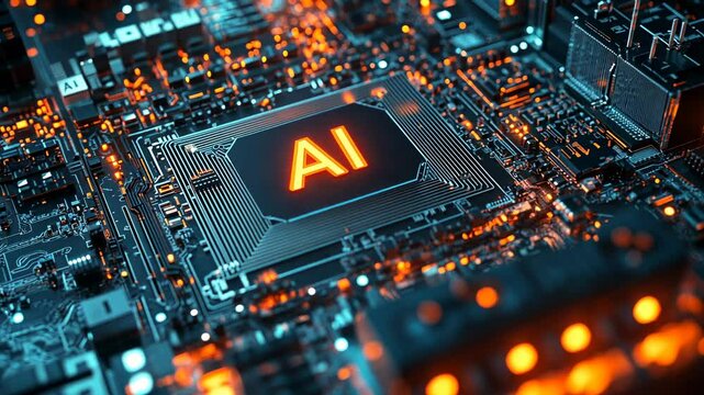 3D rendering of a computer chip with "AI" letters, a circuit board structure, and orange and blue lighting effects, from a close-up perspective. 