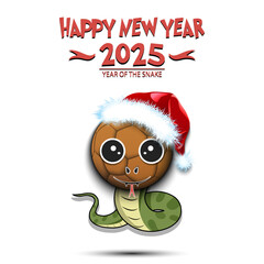 Happy New year. 2025 year of the snake. Cute muzzle snake in the form of a handball ball. Handball ball in the form of a snake. Greeting card design template. Vector illustration