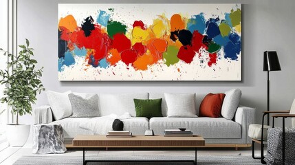 A vibrant abstract painting displayed above a modern sofa in a stylish living room.