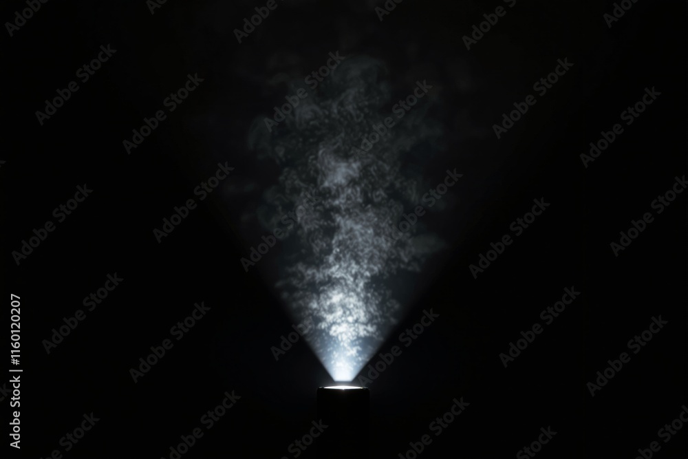 Poster spotlight emits bright beam with smoky patterns in darkness, creating an ethereal, mysterious atmosp