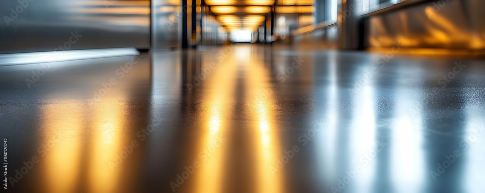 Poster a polished corridor reflecting warm light, creating a serene and inviting atmosphere.