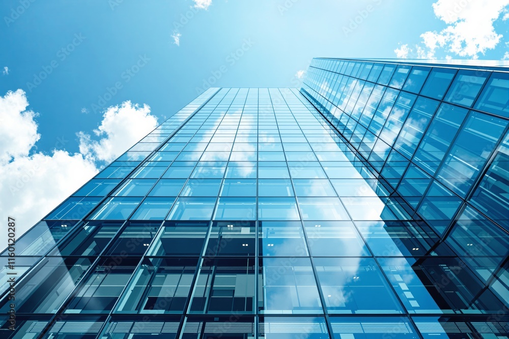 Poster close-up view of a modern glass skyscraper reflecting clouds in the sky, with a sleek design and blu