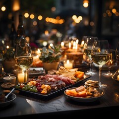 Elegant restaurant table setting with tapas and appetizers in romantic ambiance - Generative AI.