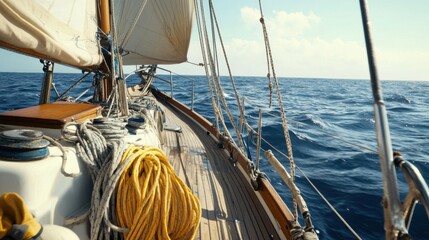 Obraz premium An organized sailing expedition under a clear blue sky, Sailing gear arranged with precision, Classic photo of