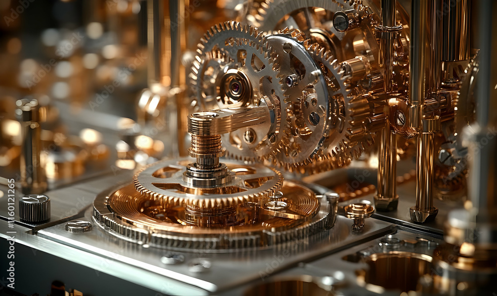 Aufkleber close-up of intricate metallic gears showcasing mechanical engineering and precision.