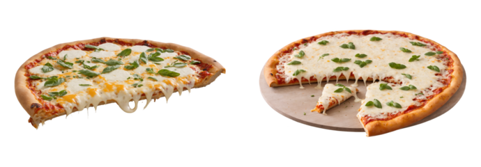 A whole pizza and a half pizza with perfectly melted cheese oozing from the side,  with a thin crispy crust and topped with a mix of mozzarella, cheddar