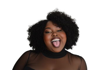 Overweight Black woman with natural hair smiles playfully in a sheer turtleneck against a white wall. Soft side lighting enhances gentle shadows. 4K quality.