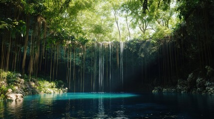 Obraz premium Tropical Cenote with Lush Greenery and a Waterfall
