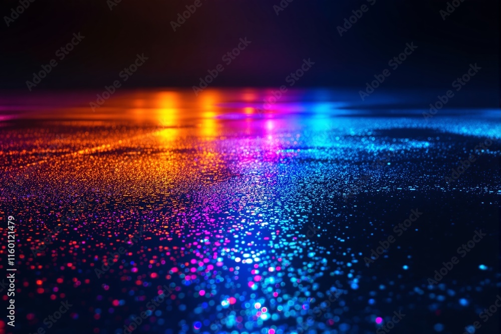 Poster multicolored light reflections on a shimmering surface, abstract style, dark background, representin