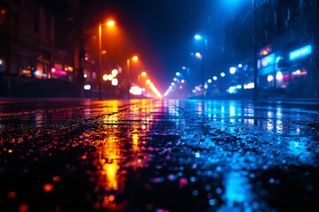 Obraz premium Night view of a wet city street reflecting vivid blue and orange neon lights, atmospheric, urban scene, concept of nightlife and energy. Ai generative