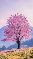 A magnificent and beautiful cherry blossom tree standing alone, with a beautiful view