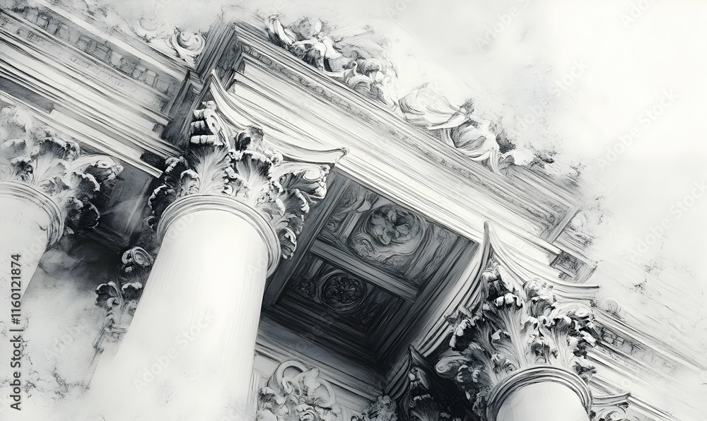 Poster a detailed view of ornate architectural columns and carvings against a soft background.