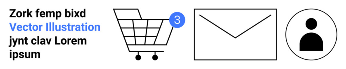 Shopping cart with notification, envelope, and user icon in black. Ideal for e-commerce, communication, notifications, shopping, emails, user profiles, web designs. Landing page