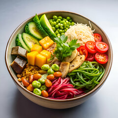 A vibrant and delicious Buddha bowl filled with fresh vegetables and colorful ingredients.