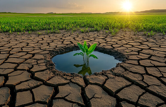 A small plant is growing in a hole in the ground. The hole is surrounded by dry, cracked earth. The plant is surrounded by water, which is a rare sight in this barren landscape