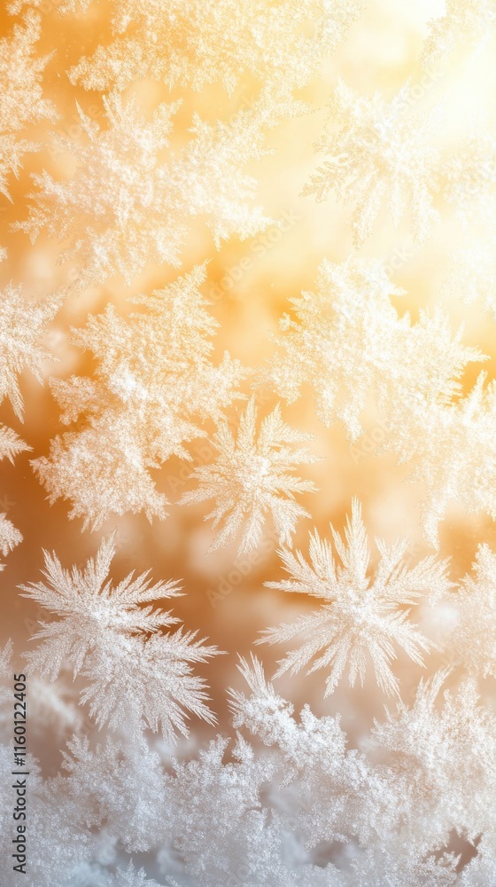 Poster delicate frost patterns on window glass with warm background light creating a serene winter atmosphe