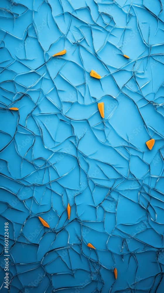 Poster abstract background of cracked blue surface with vibrant orange fragments creating a visually striki