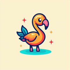 A colorful flat design vector of a joyful flamingo with glowing feathers, standing on sparkling water, surrounded by tropical leaves, set on a pastel pink background for a fun and exotic aesthetic. 