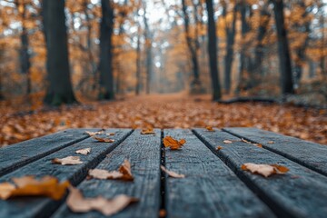 Wooden picnic table in autumn forest; leaves scattered on the surface. Perfect for fall themes, nature blogs, or peaceful scenes.