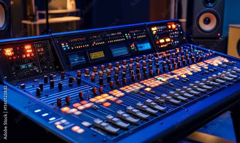 Poster a professional audio mixing console with illuminated controls and speakers.