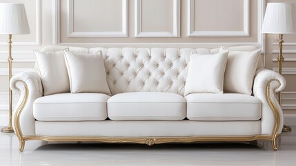 Luxurious cream velvet sectional sofa in a living room with gold accents and large windows, sofa, charming and elegant