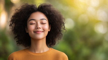 young woman with curly hair smiles peacefully, enjoying nature beauty.