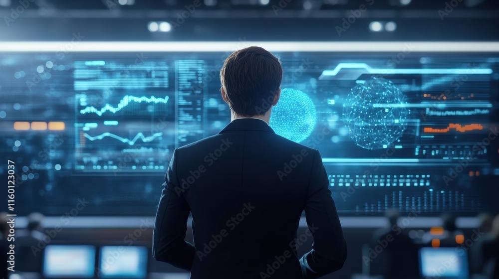 Aufkleber business professional analyzing data on futuristic digital screen in modern office environment with 