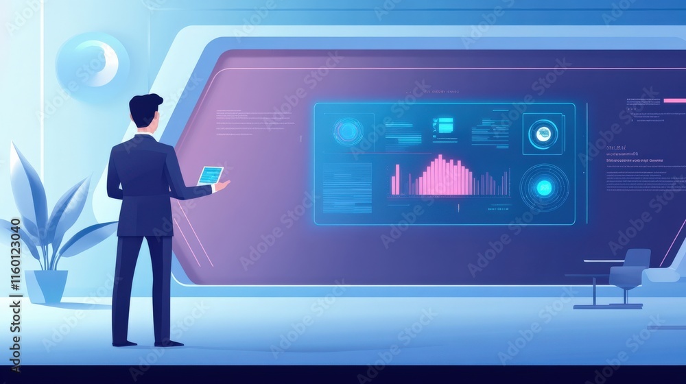 Poster businessman analyzing futuristic data dashboard in modern office space with interactive technology f