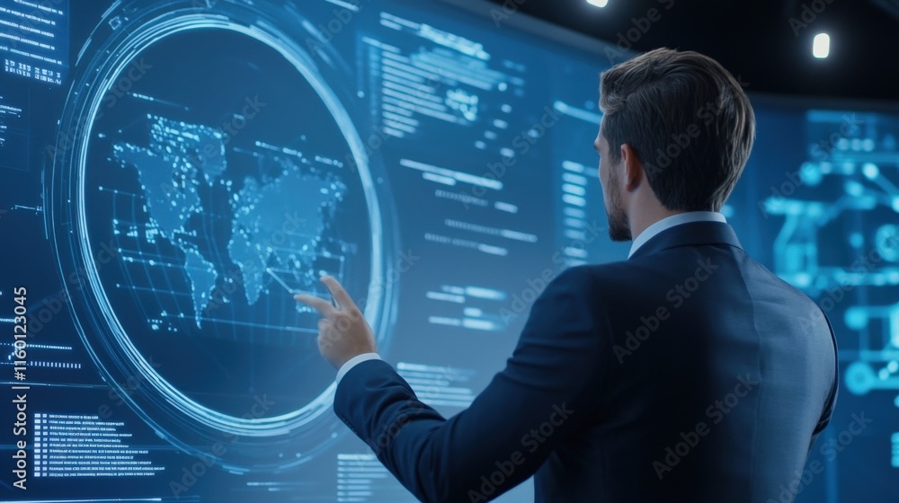 Poster businessman analyzing global data on a futuristic digital interface with advanced technology in a mo