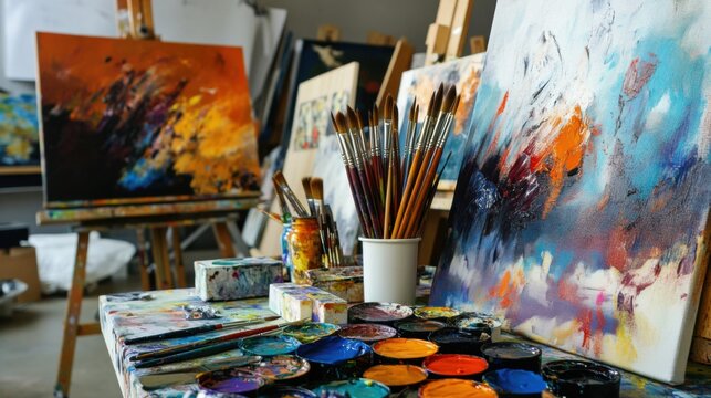 A bustling art studio with paintbrushes and canvases, Colorful artworks in progress, Contemporary studio style