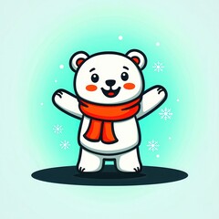 Fototapeta premium A flat design cartoon vector of a happy polar bear cub wearing a glowing scarf, surrounded by tiny snowflakes, set on a pastel blue and white background for a frosty and adorable winter design. 