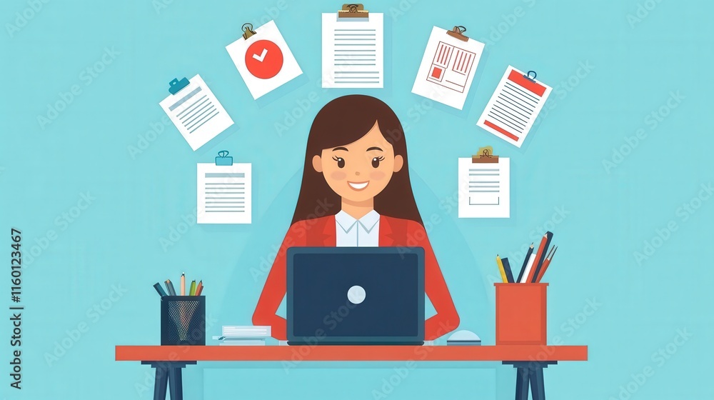 Aufkleber woman working on laptop surrounded by organized tasks and documents in a bright and cheerful workspa
